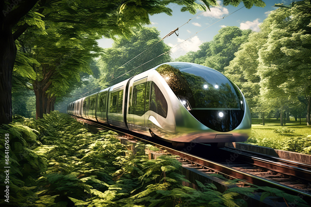Speed train transit in the tunnel surrounded with green trees and ecology plants eco system background. - obrazy, fototapety, plakaty 