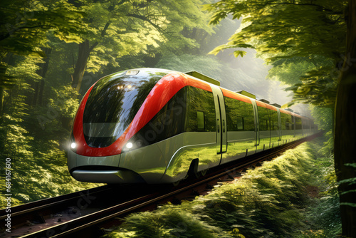 Speed train transit in the tunnel surrounded with green trees and ecology plants eco system background.