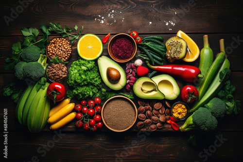 Fresh healthy food on wooden background