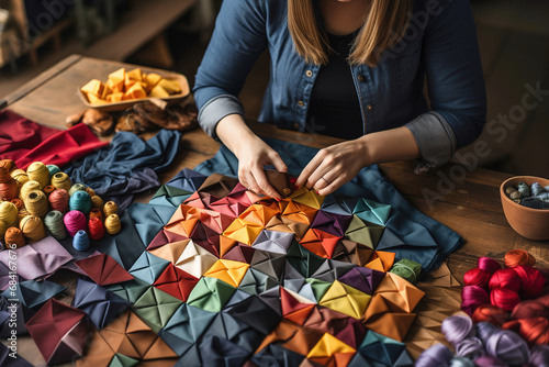 A woman sitting at a table working on a piece of art with multicolor cloths. photo