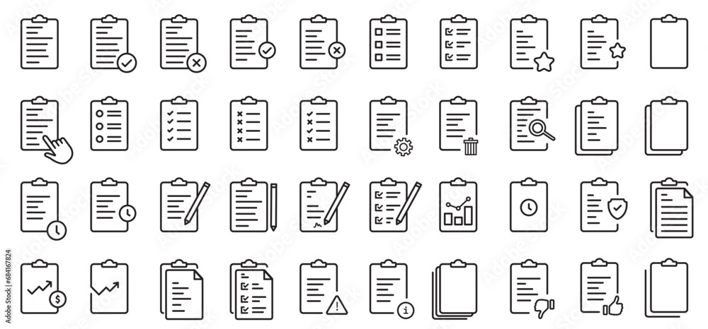 Clipboard icon collection,set document icon, checklist symbol, document gear, survey or agreement editable stroke outline icons set isolated on white background flat vector illustration.  - obrazy, fototapety, plakaty 