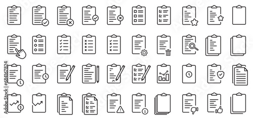 Clipboard icon collection,set document icon, checklist symbol, document gear, survey or agreement editable stroke outline icons set isolated on white background flat vector illustration.  photo