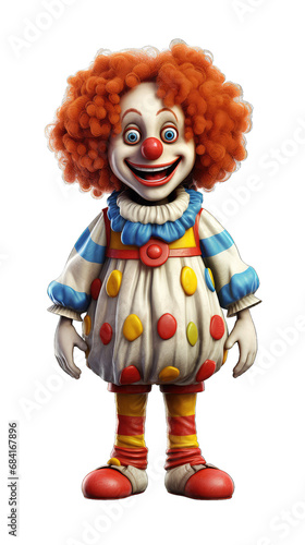 Full length portrait of a funny clown with red wig isolated on a transparent background