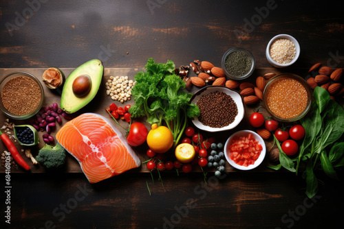 Fresh healthy food on wooden background