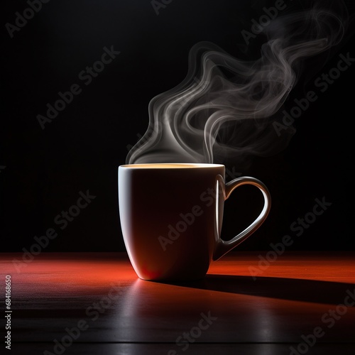 A white mug with hot beverage steaming on a redwood table, creating a warm atmosphere