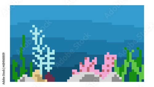 pixel art underwater world in sea vector cartoon landscape, Sea underwater background. Ocean bottom with seaweeds. Vector marine scene