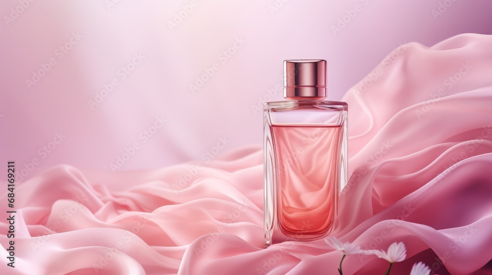 A bottle of perfume on a pink silk background. Copy space, mock up A bottle of perfume on a pink silk background. Copy space, mock up
