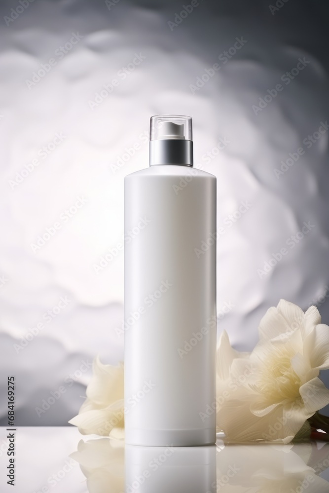 A white tube for lotion and gel with empty space for mock up, with a flowers, on a blurred studio background A white tube for lotion and gel with empty space for mock up, with a flowers, on a blurred studio background