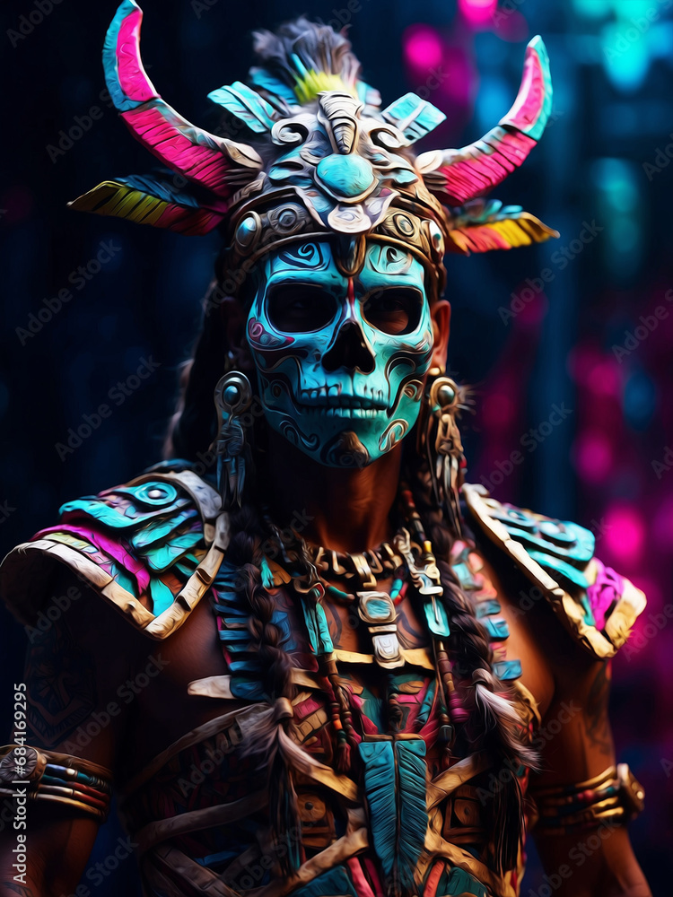 trible skull in neon colors. generative ai