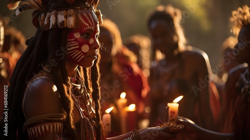 An indigenous woman adorned in traditional makeup and headdress holding ritual candles