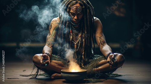 Contemplative man with tribal tattoos meditating with burning incense in a serene indoor setting