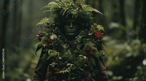 Mysterious person wearing a greenery-covered mask and costume in a shadowy forest setting photo