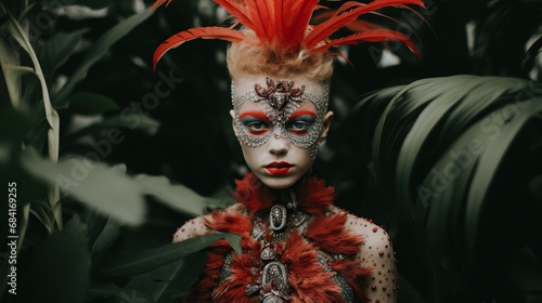Woman with artistic exotic bird-inspired makeup and headpiece posing in a tropical setting
