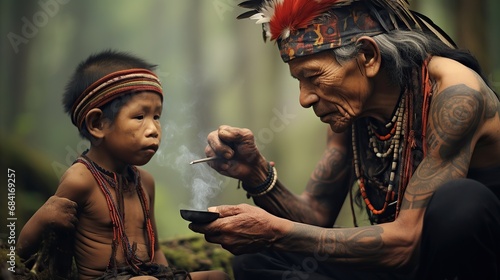 A tribal elder sharing wisdom with a young child in a lush forest setting photo