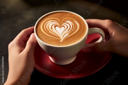Close-up of a woman's hands holding a cup of coffee with a latte art masterpiece, featuring a meticulously crafted heart shape atop a creamy cappuccino
