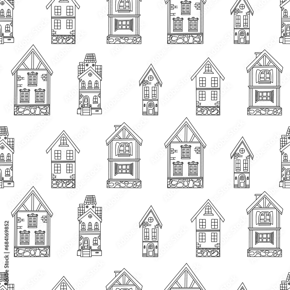 Seamless pattern doodle houses on white background. Vector illustration. Hand drawn outline drawing.