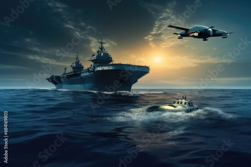 Water drone near a large military ship photo