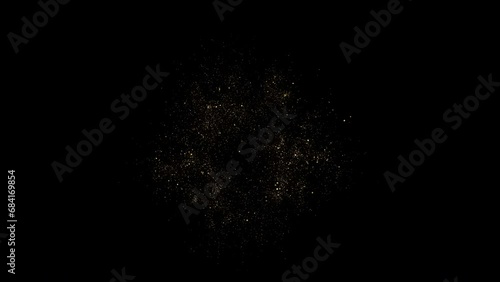 4K Gold Explosion effect. Festive Fireworks. Isolated on black background. Floating golden sparkles. Glowing Particles. Overlay. 60 fps