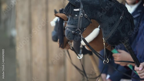 close-up of three toy horses. toy horse. Horseback riding. Horseback riding. Slow motion video. High quality FullHD footage photo