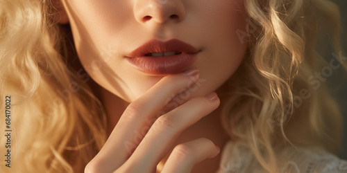 Young blonde woman, focus on lips. Close up highly-detailed shot of amazing charming young woman with blond hair, perfect healthy wavy hair. Hand on chin, natural make up. lipstick.