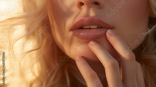 Young blonde woman  focus on lips. Close up highly-detailed shot of amazing charming young woman with blond hair  perfect healthy wavy hair. Hand on chin. Pretty cute smile.