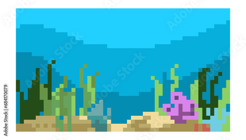 pixel art underwater world in sea vector cartoon landscape, Sea underwater background. Ocean bottom with seaweeds. Vector marine scene