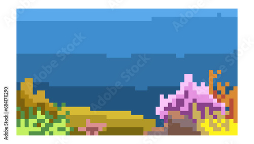 pixel art underwater world in sea vector cartoon landscape, Sea underwater background. Ocean bottom with seaweeds. Vector marine scene