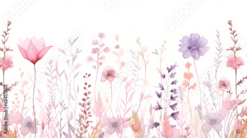 Pink wildflower garden with watercolor © feeng