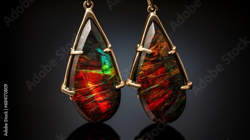 A high-resolution 8K image of a pair of Ammolite earrings, highlighting the iridescent beauty of these unique gemstones