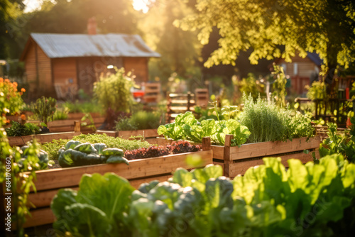 Spring vegetables and herbs growing in the raised garden beds farming wooden fence box background. © Virtual Art Studio