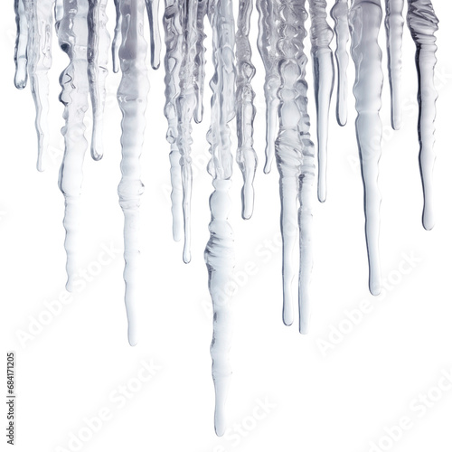 Lots of long icicles. Frozen water. Isolated on a transparent background.