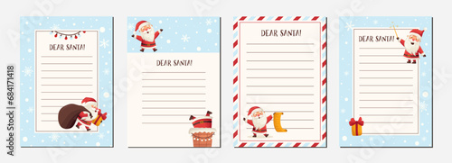 Set of letter to Santa Claus templates for kids. Christmas wishlist for children. Dear Santa printable holiday paper letter background. Christmas vector illustration in flat hand drawn doodle style photo