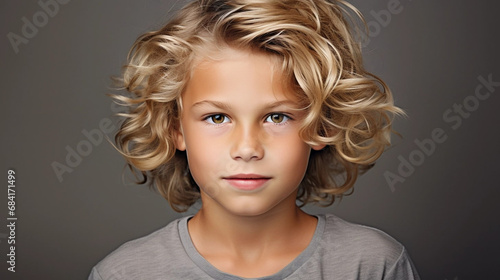 copy space, stockphoto, portrait of an caucasian boy with blond wavy hair. Beautiful young boy. Studio portait.