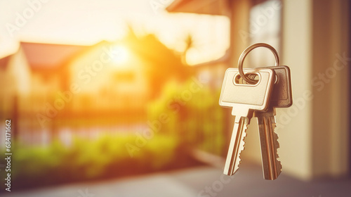 CLOSE UP OF KEY AND HOUSE KEYCHAIN ​​IN HIGH SECURITY DOOR LOCK. HOME INSURANCE CONCEPT created with Generative Ai