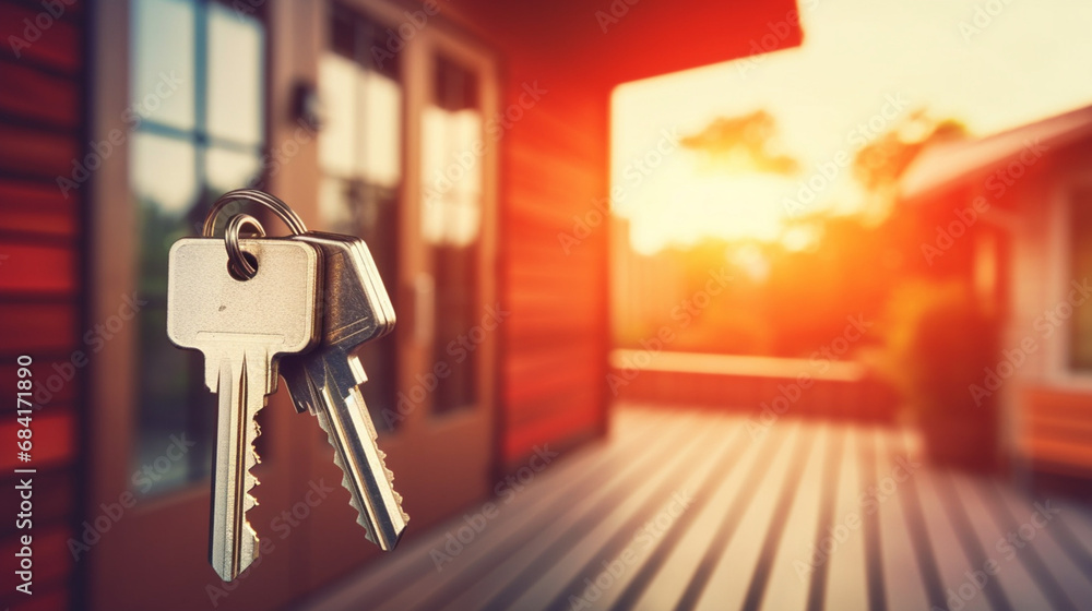 CLOSE UP OF KEY AND HOUSE KEYCHAIN IN HIGH SECURITY DOOR LOCK. HOME INSURANCE CONCEPT created with Generative Ai CLOSE UP OF KEY AND HOUSE KEYCHAIN IN HIGH SECURITY DOOR LOCK. HOME INSURANCE CONCEPT created with Generative Ai