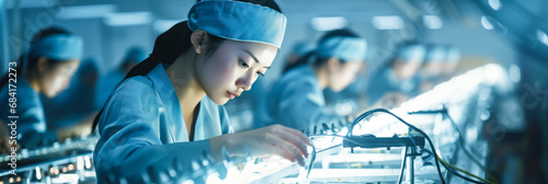 Group of Asian female workers in a mass production line and QC quality control check in at the electronics factory background.