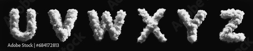 Alphabet from U to Z - Cloud - Smoke - Mist - Fog - Steam - Alphabet - Black Background - 3D fat Sans Serif Uppercase Collection - U, V, W, X, Y, Z