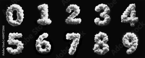 Numbers from 0 to 9 - Cloud - Smoke - Mist - Fog - Steam - Alphabet - Black Background - 3D fat Sans Serif Uppercase Collection - 0, 1, 2, 3, 4, 5, 6, 7, 8, 9  photo