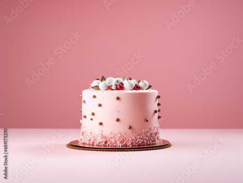 Creative Christmas cake, minimalism, light pink background created with Generative Ai