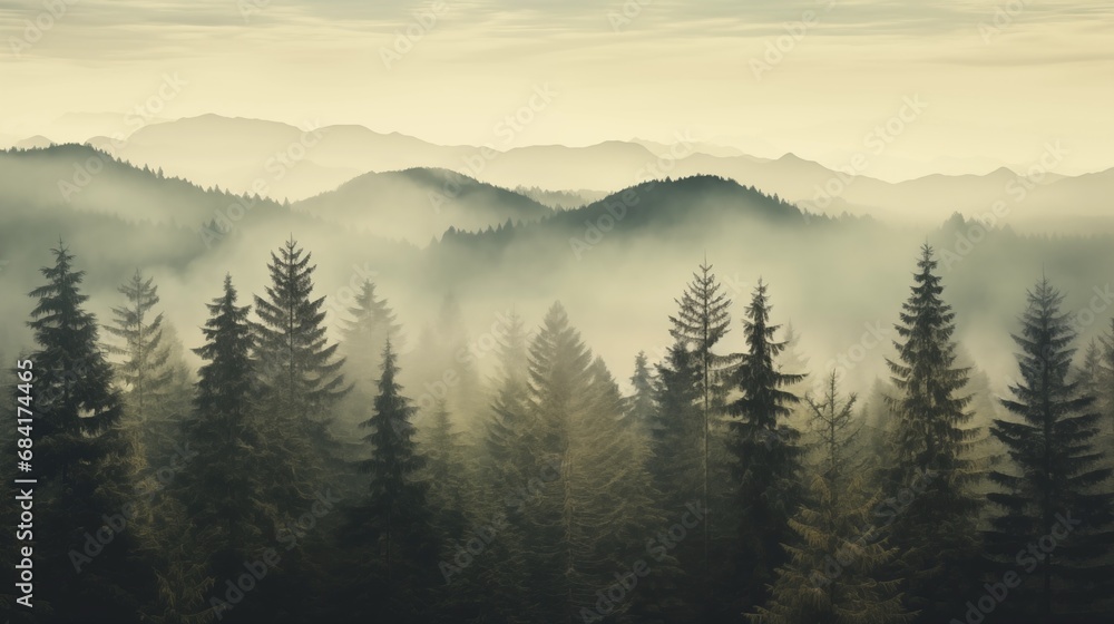 Misty landscape with fir foggforest in retro vintage пgloomy style