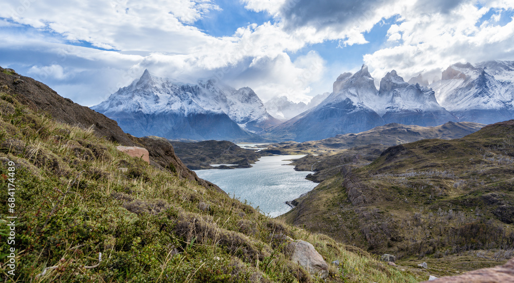 The shore of lake Lago del Pehoe in the Torres del Paine national park, Patagonia, Chile.