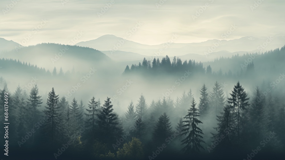 Misty landscape with fir foggforest in retro vintage пgloomy style