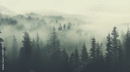 Misty landscape with fir foggforest in retro vintage пgloomy style