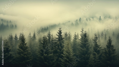 Misty landscape with fir foggforest in retro vintage пgloomy style © Victor
