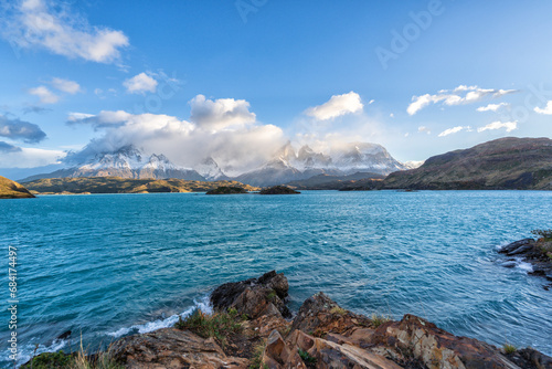 The shore of lake Lago del Pehoe in the Torres del Paine national park, Patagonia, Chile.