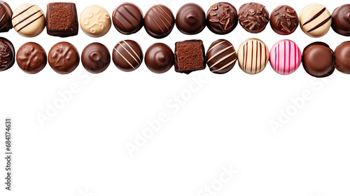 Top view of various chocolate pralines isolated on transparent background with copyspace