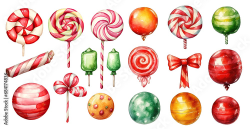 Set of hand drawn watercolor Christmas candies and lollipop isolated on transparent background
