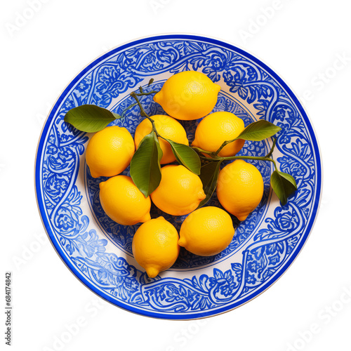 Mediterranean large plate with a blue pattern and lemons on it