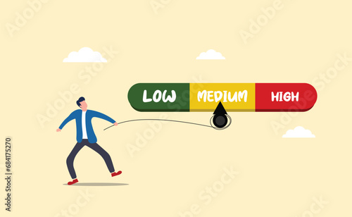 Crisis risk meter. Risk stock, Finance, economy, inflation. Investment risk. Financial or business risk management. Businessman trying to pull the needle lower.