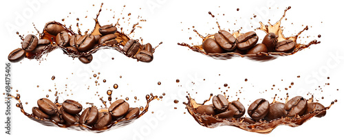 Set of delicious coffee beans in splashes of coffee, cut out photo